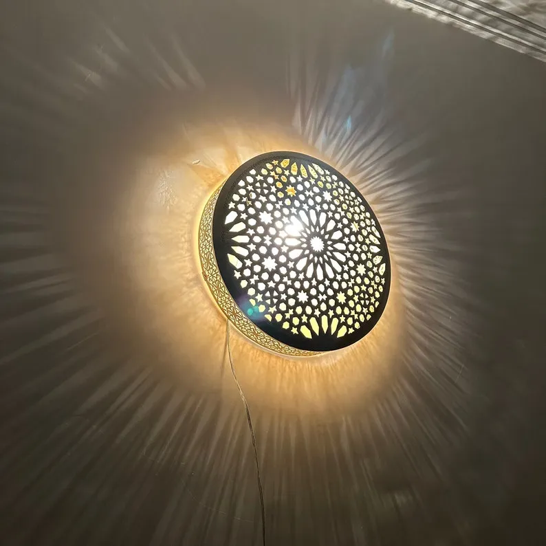 Moroccan Circle-Shaped Wall Lamp – Handcrafted Brass Sconce, Round Wall Light, Customizable Ceiling Mount