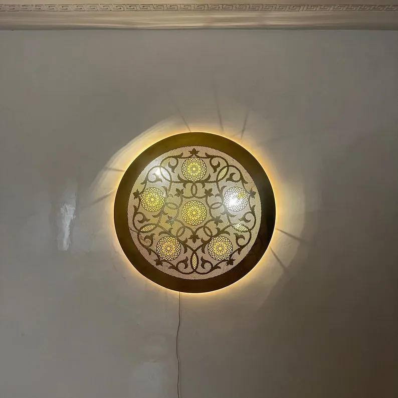 Moroccan Circle-Shaped Wall Lamp – Handcrafted Brass Sconce, Round Wall Light, Customizable Ceiling Mount