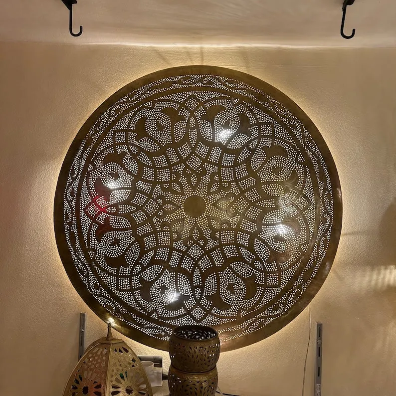 Moroccan Circle-Shaped Wall Lamp – Handcrafted Brass Sconce, Round Wall Light, Customizable Ceiling Mount