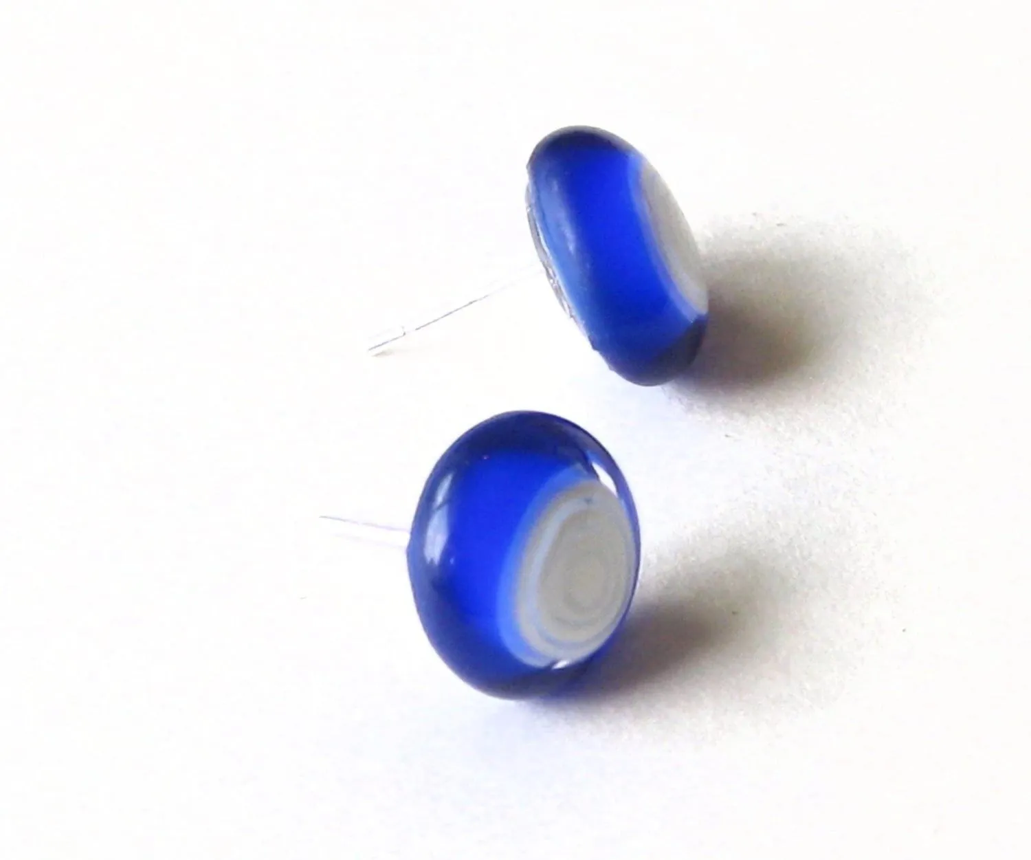 Murano Glass Blue White Circle Button Post Earrings, Stud Earrings