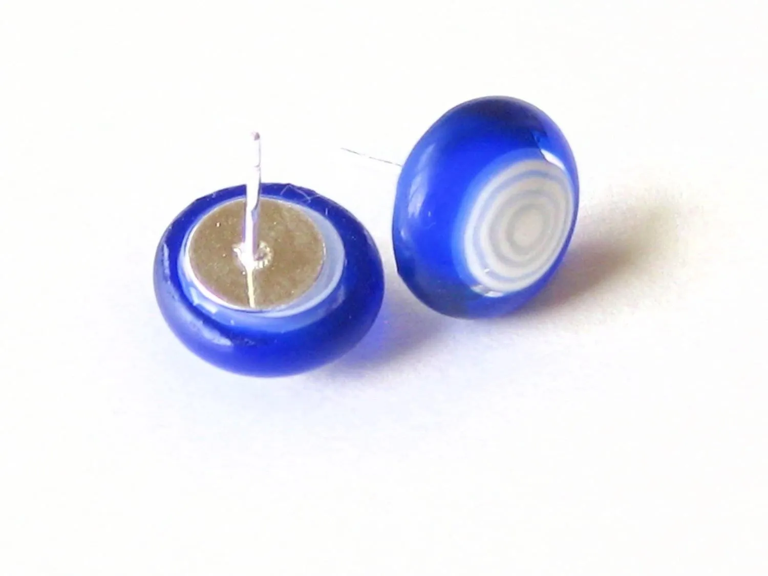 Murano Glass Blue White Circle Button Post Earrings, Stud Earrings