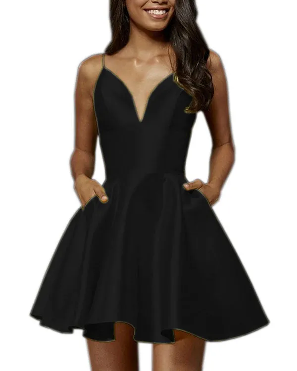 New Arrival 2018 Satin Cocktail Dresses V-Neck Bodice Short Homecoming Dresses for Party