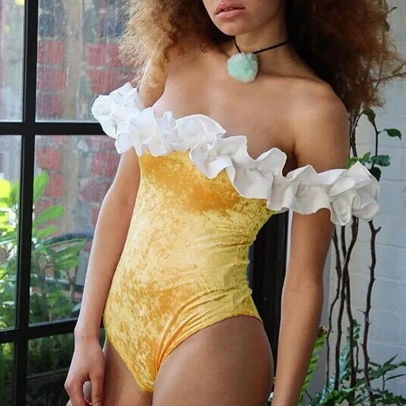 off shoulder one piece playsuit Ruffles velvet bathing yellow bodysuit