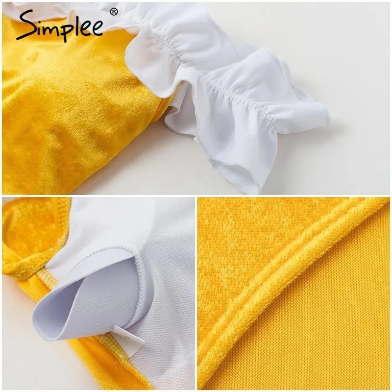 off shoulder one piece playsuit Ruffles velvet bathing yellow bodysuit