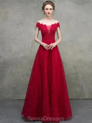 Off Shoulder Red Lace Beaded A-line Long Evening Prom Dresses, Evening Party Prom Dresses, 12328