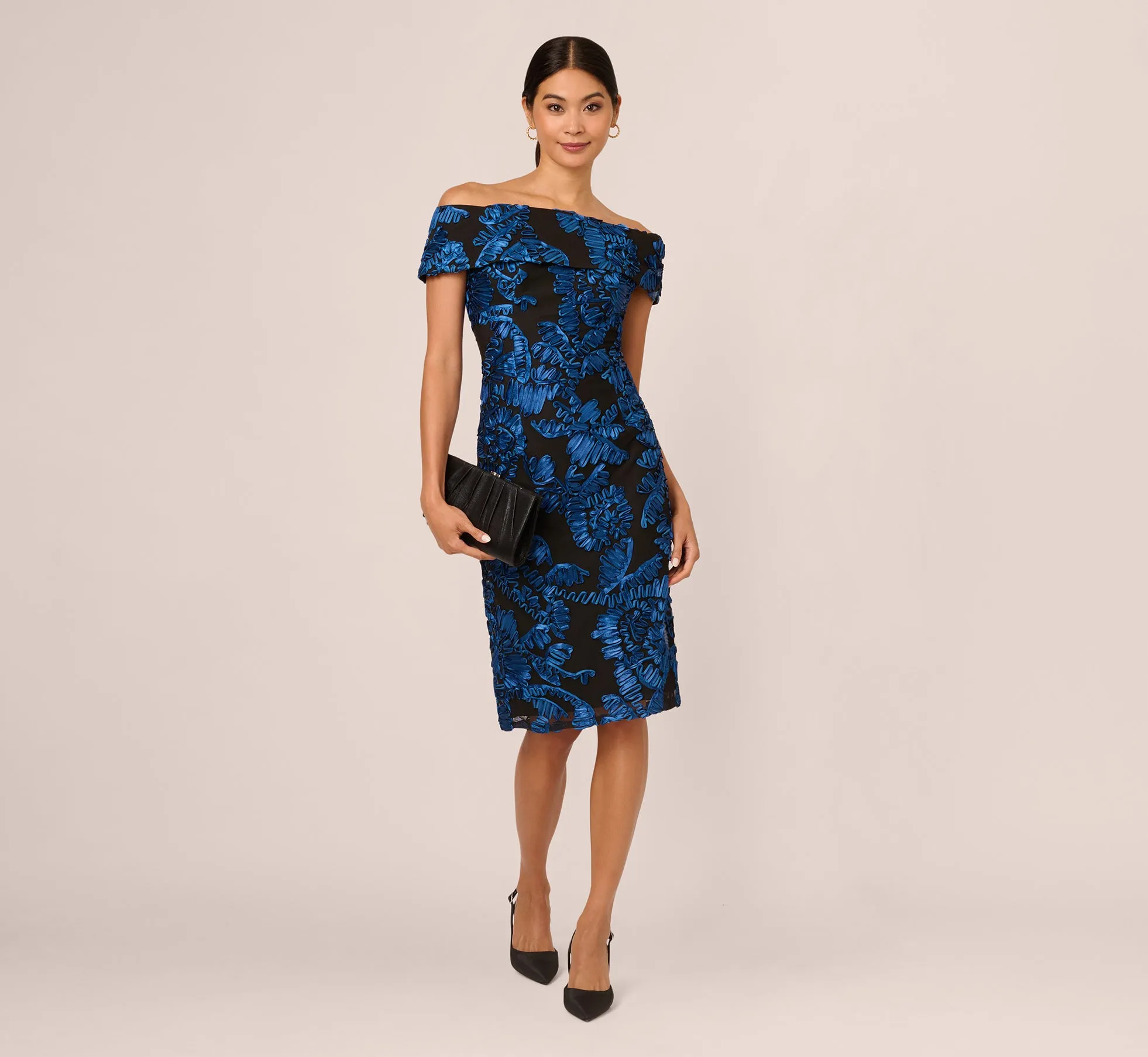 Off Shoulder Soutache Dress In Navy Black