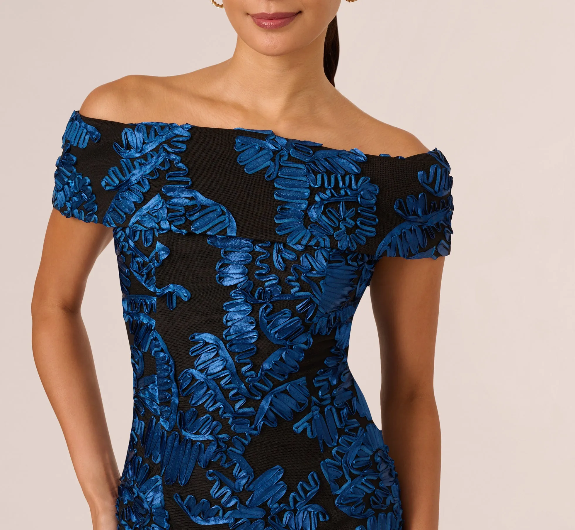 Off Shoulder Soutache Dress In Navy Black