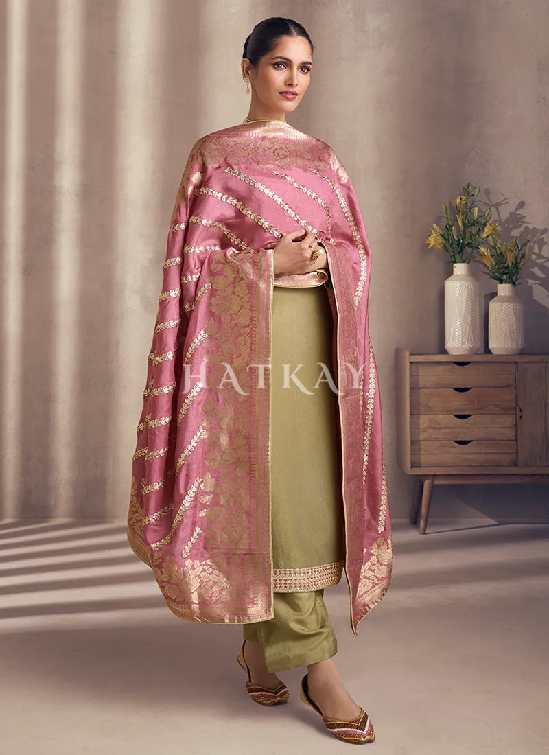 Olive And Pink Embroidery Salwar Kameez Suit