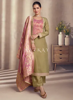 Olive And Pink Embroidery Salwar Kameez Suit