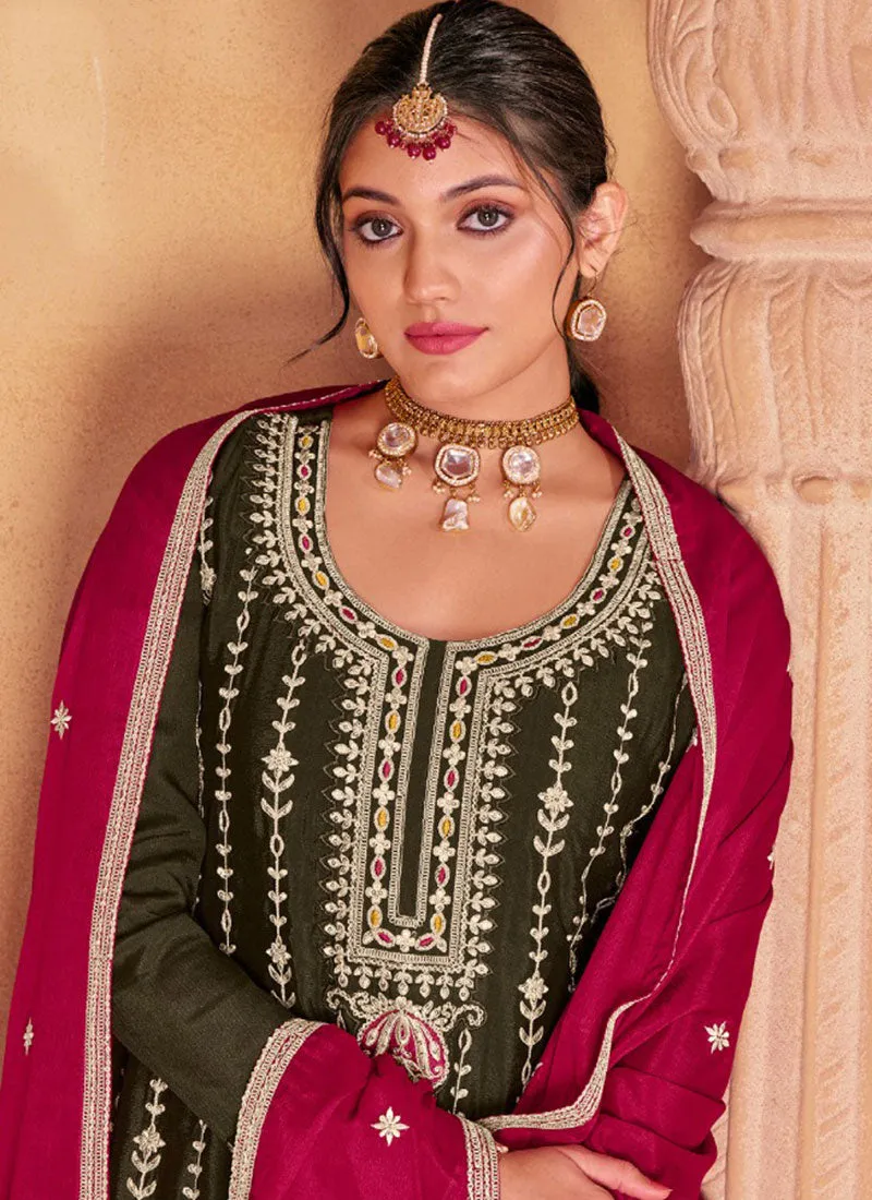 Olive Green And Pink Multi Embroidery Anarkali Palazzo Suit