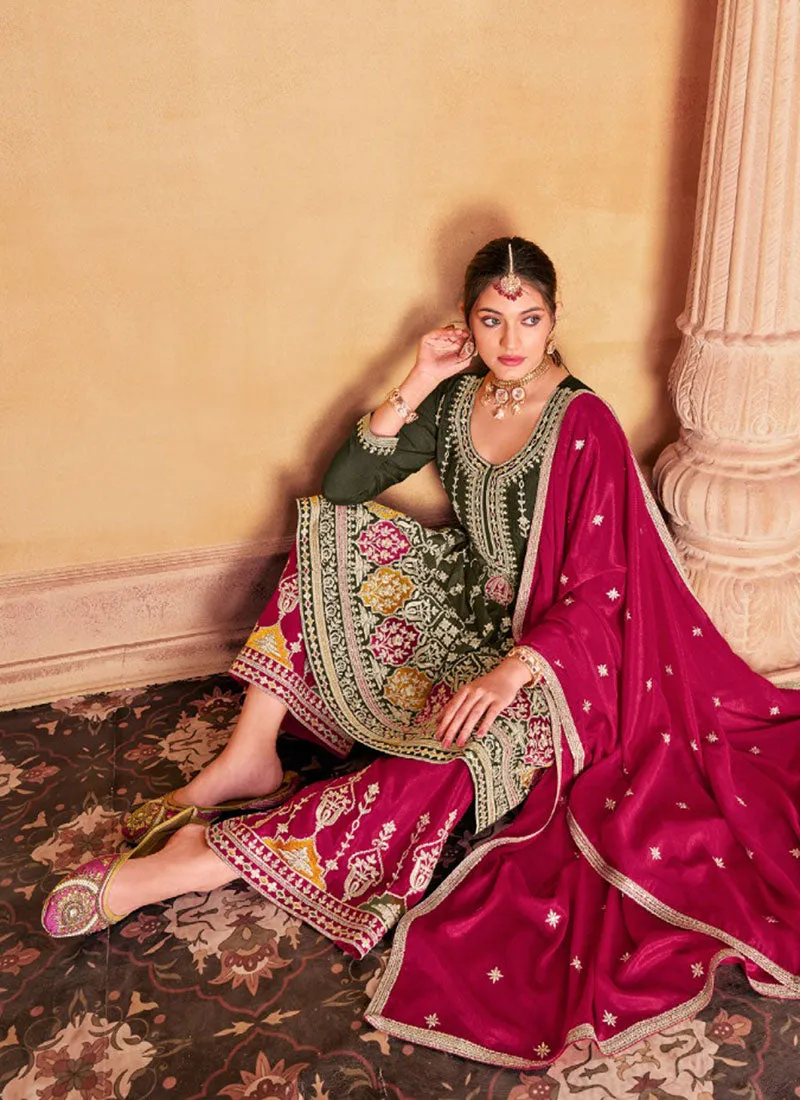 Olive Green And Pink Multi Embroidery Anarkali Palazzo Suit