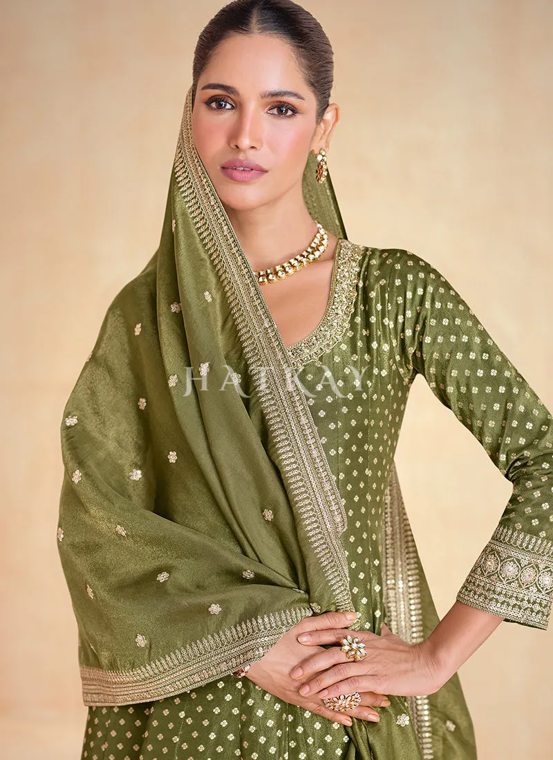 Olive Green Embroidery Silk Anarkali Suit