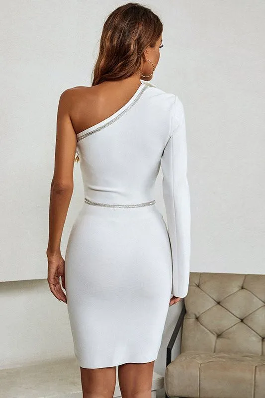 One-shoulder diamond-encrusted party dress