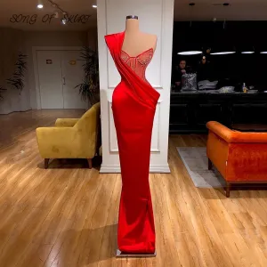 One Shoulder Satin Long Party Gown