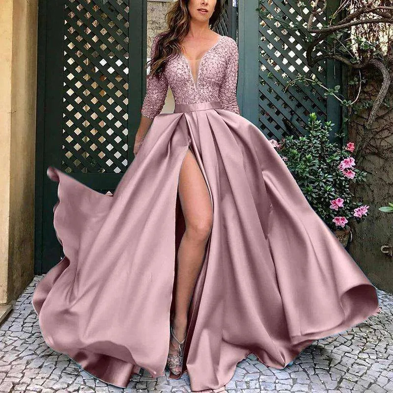 One Shoulder Shining Sequin High Slit Dresses