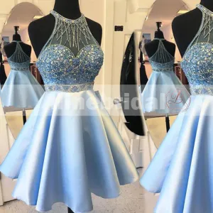 Pale Blue Rhinestone Beaded Halter  For Teens Homecoming Dresses,BD00217