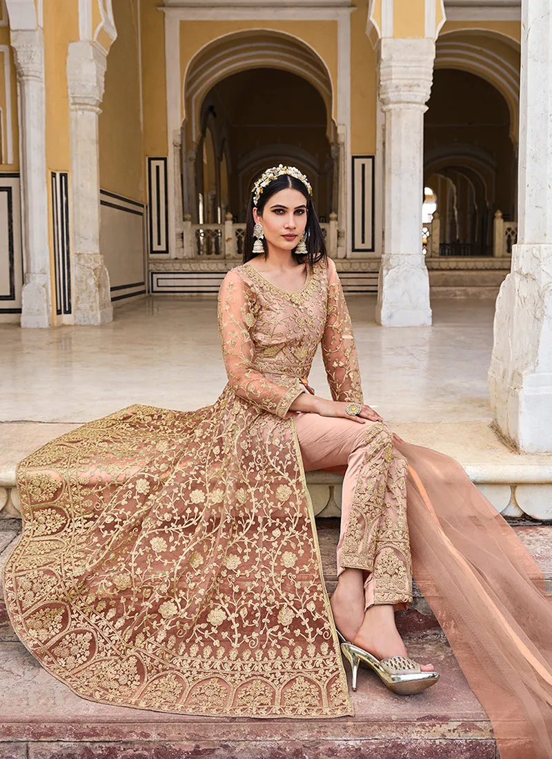 Peach Embroidered Designer Anarkali Lehenga/Pant Suit