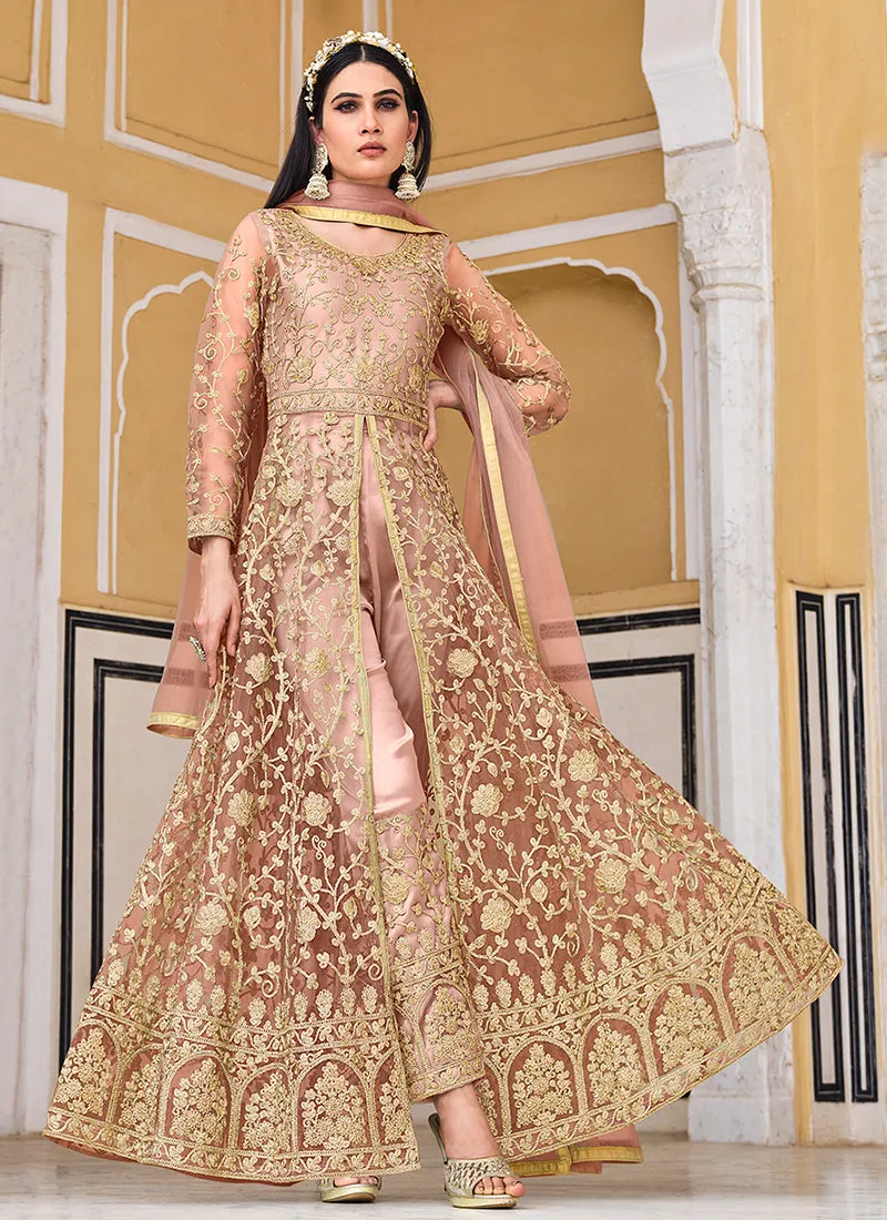 Peach Embroidered Designer Anarkali Lehenga/Pant Suit