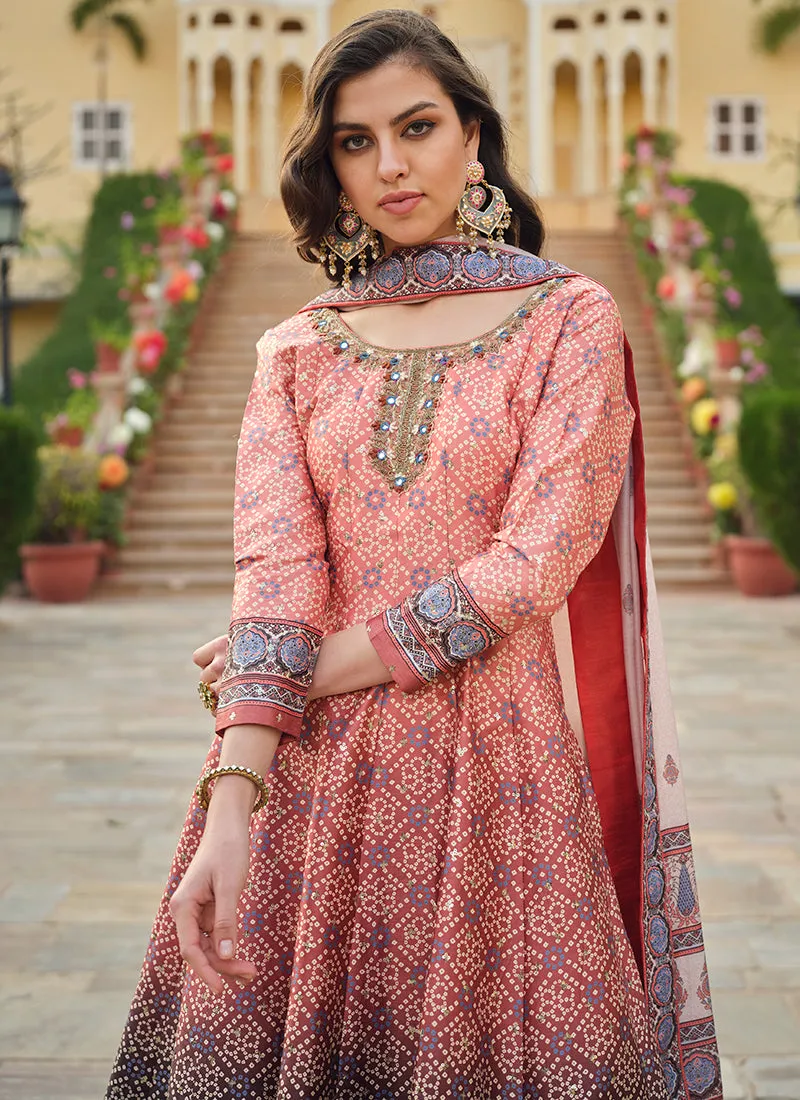 Peach Grey Ombré Khatli Embroidered Traditional Anarkali Gown