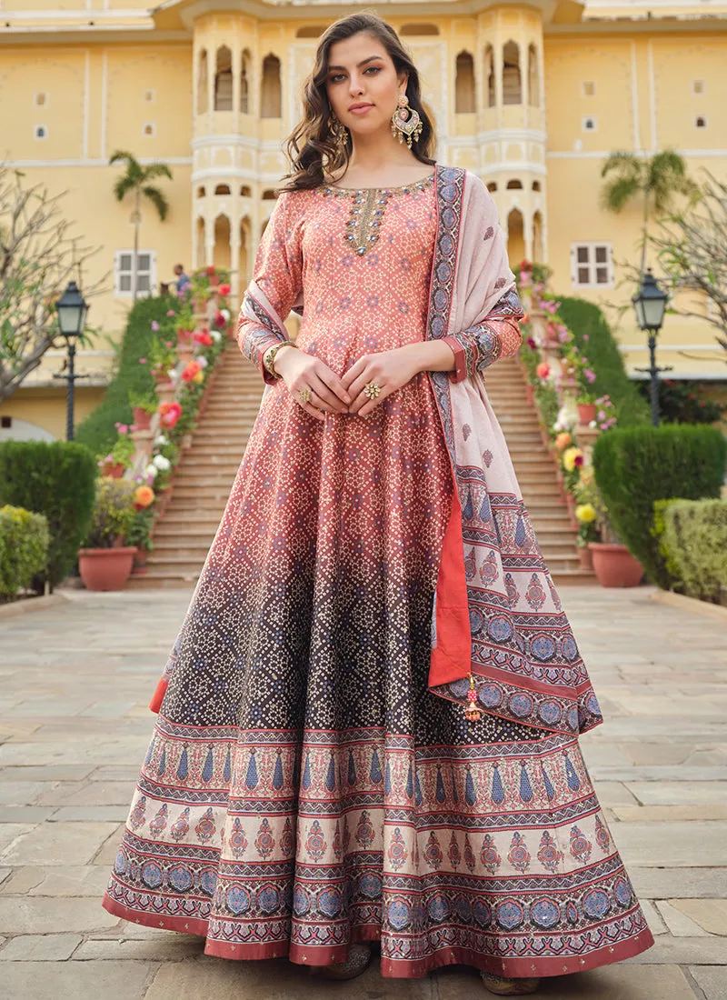 Peach Grey Ombré Khatli Embroidered Traditional Anarkali Gown
