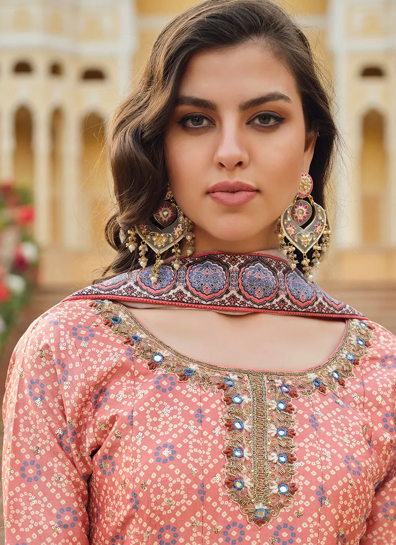Peach Grey Ombré Khatli Embroidered Traditional Anarkali Gown