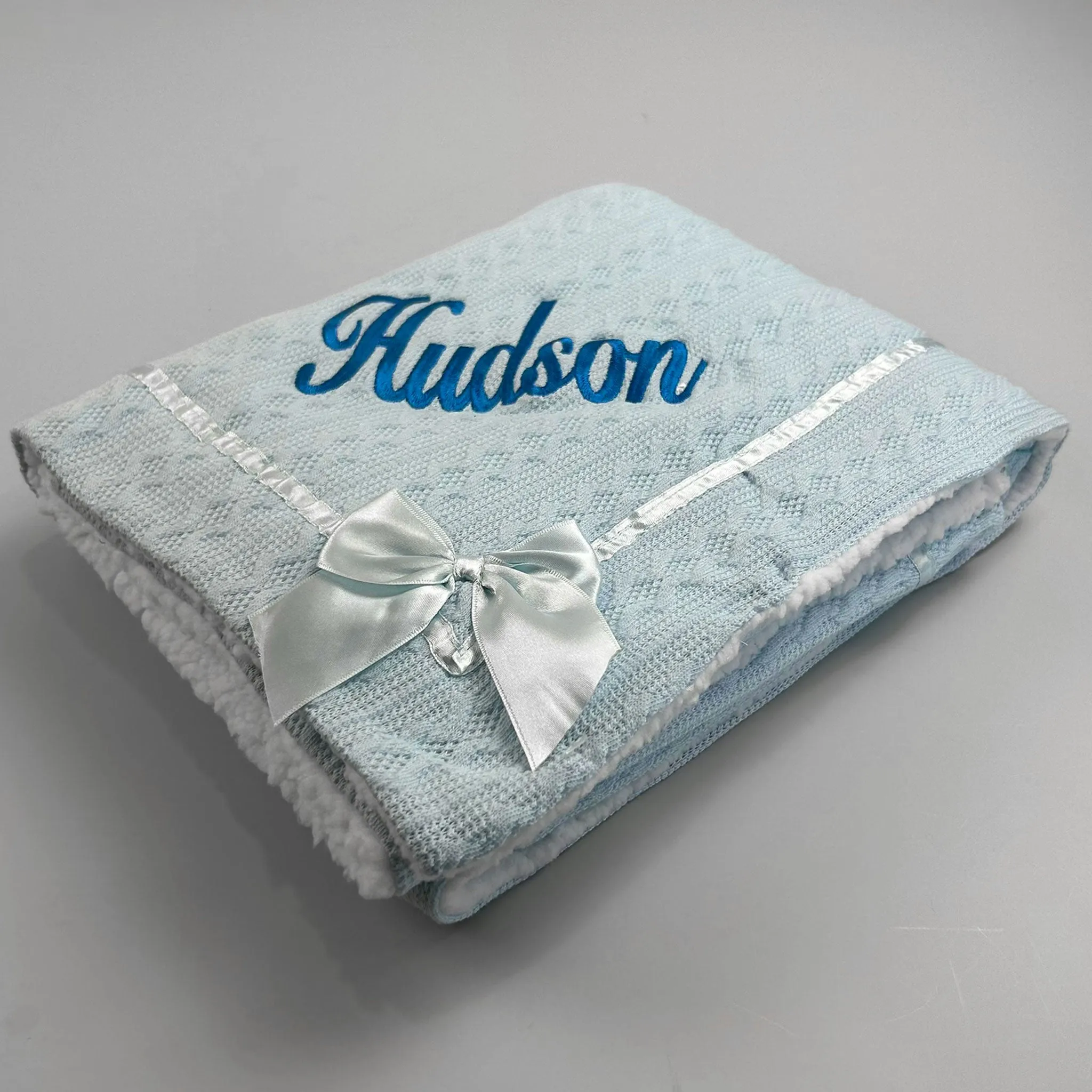 Personalised Baby Blanket - Blue - Deluxe with Bow