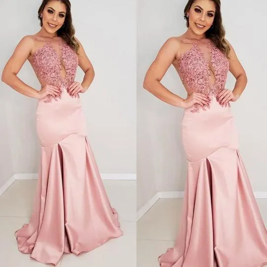 pink evening dresses long lace appliqué beaded mermaid satin elegant evening gown vestido de Longo
