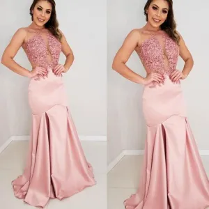 pink evening dresses long lace appliqué beaded mermaid satin elegant evening gown vestido de Longo
