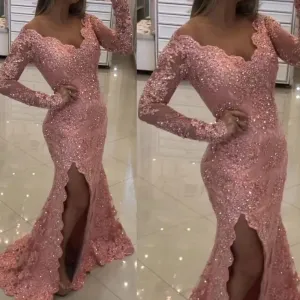 pink lace applique evening dresses long sleeve v neck beaded sparkly mermaid evening gown
