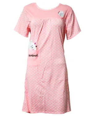Pink Long Nighty White Dotted & Side Pocket 103 -  Women Nightdress