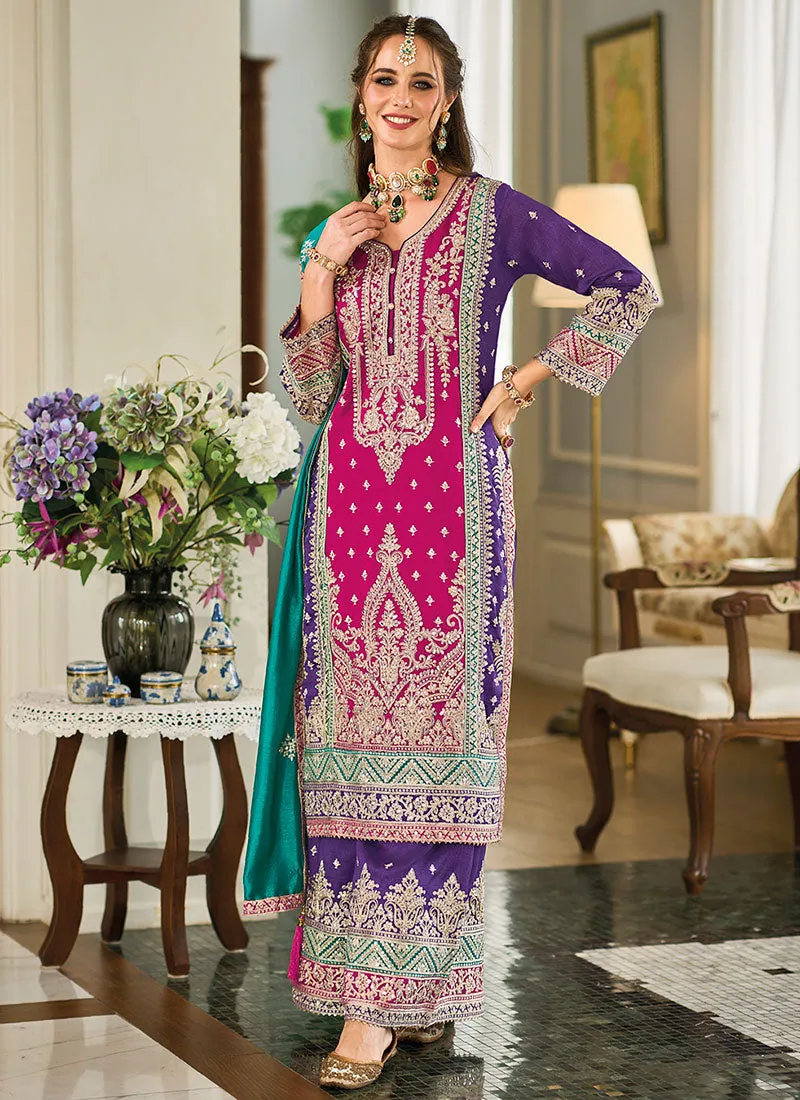 Pink Multicolored Traditional Embroidery Palazzo Suit