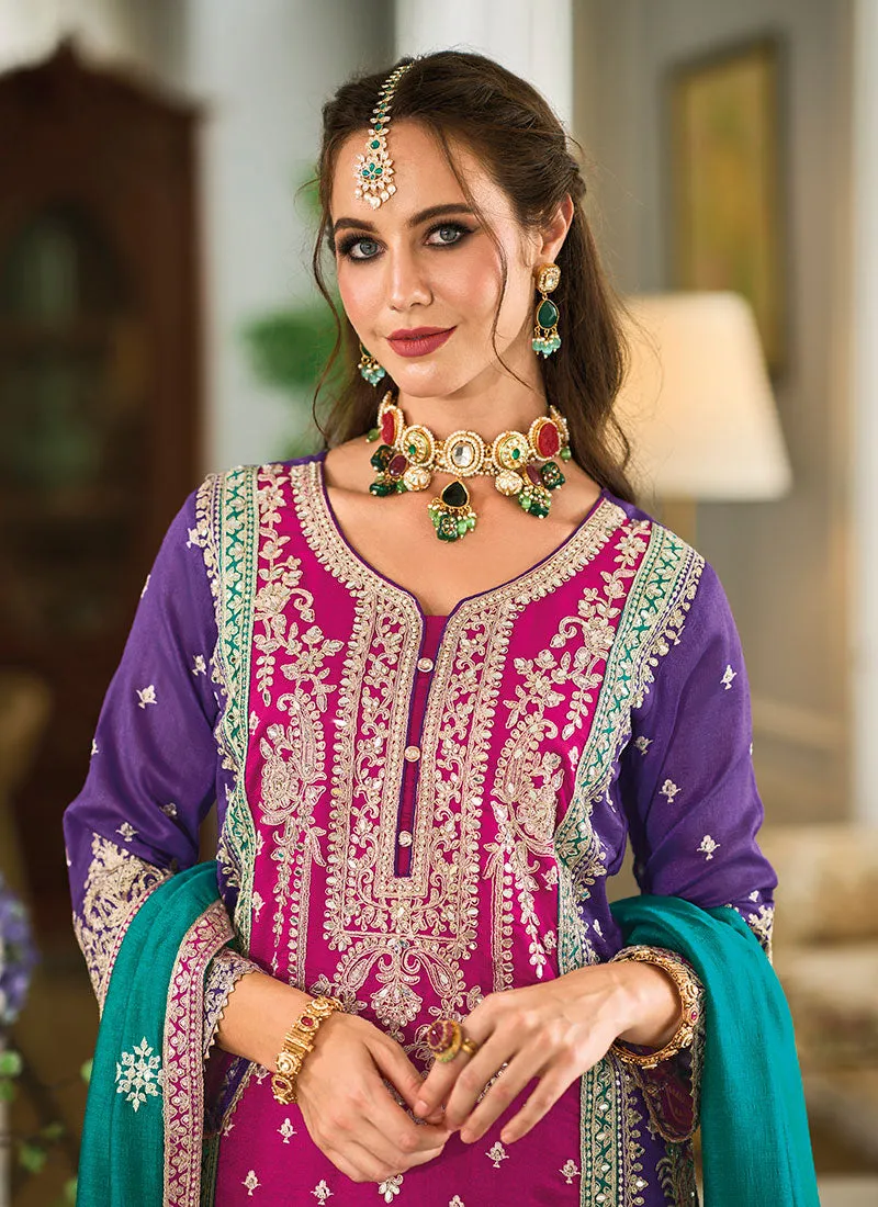 Pink Multicolored Traditional Embroidery Palazzo Suit