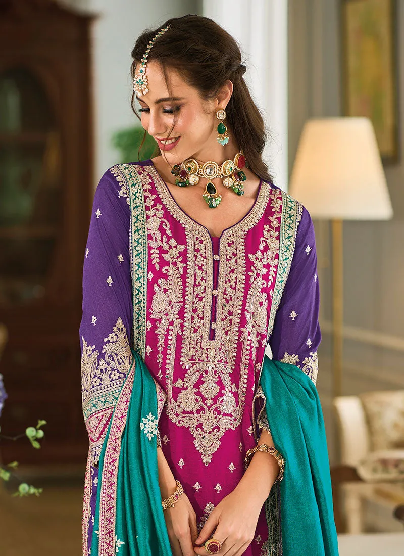 Pink Multicolored Traditional Embroidery Palazzo Suit