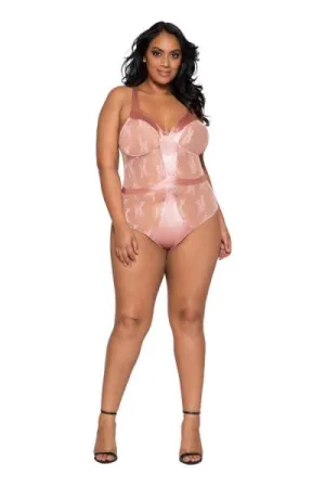 Pink - Satin and Lace Contrast Teddy with Snap Bottom - Size