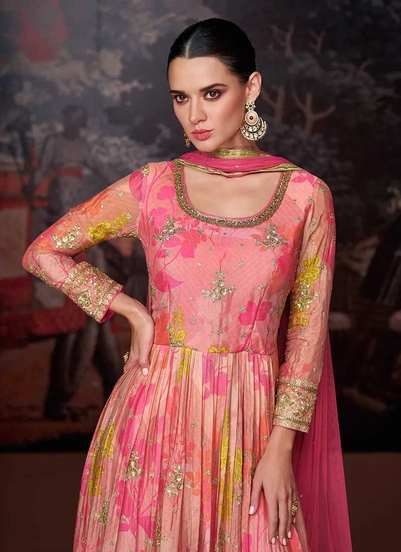 Pink Sequence Embroidery Digital Printed Slit Style Anarkali Suit