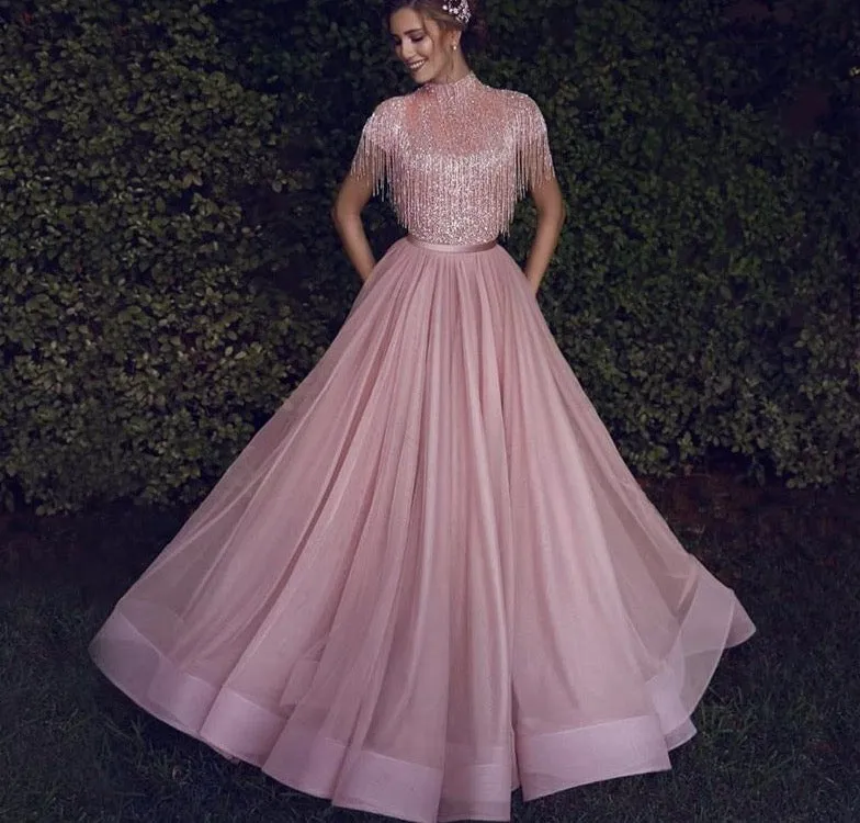 Pink Tassel Beading A-Line Tulle Evening Dresses High Collar Short Sleeveless Formal Dress