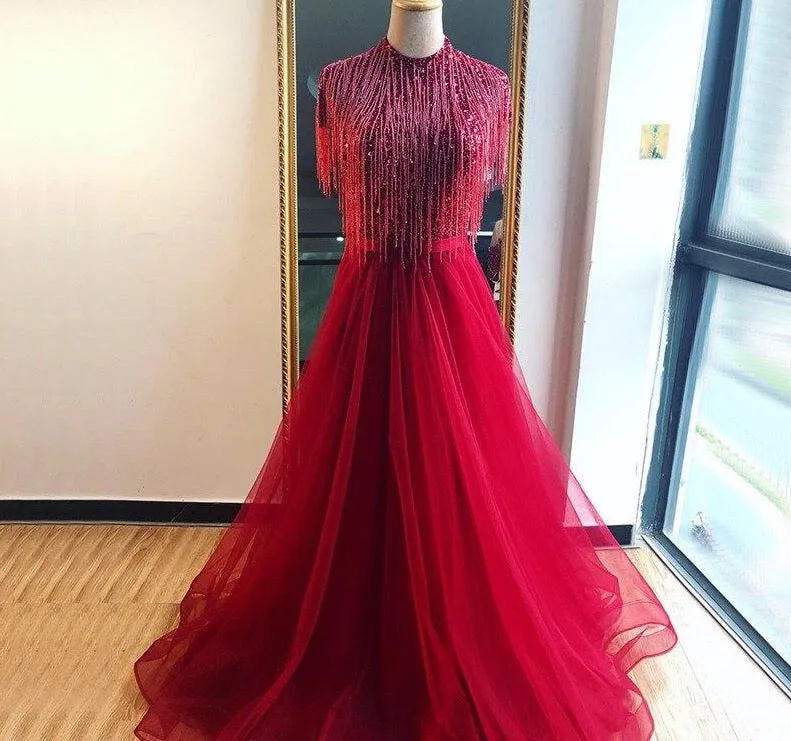 Pink Tassel Beading A-Line Tulle Evening Dresses High Collar Short Sleeveless Formal Dress