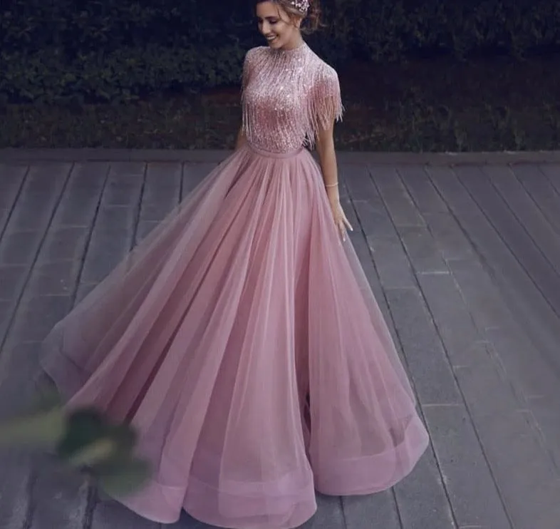 Pink Tassel Beading A-Line Tulle Evening Dresses High Collar Short Sleeveless Formal Dress