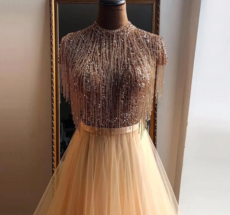 Pink Tassel Beading A-Line Tulle Evening Dresses High Collar Short Sleeveless Formal Dress