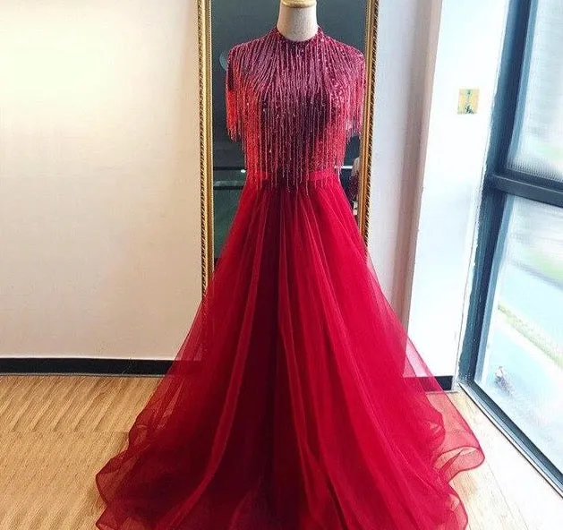 Pink Tassel Beading A-Line Tulle Evening Dresses High Collar Short Sleeveless Formal Dress