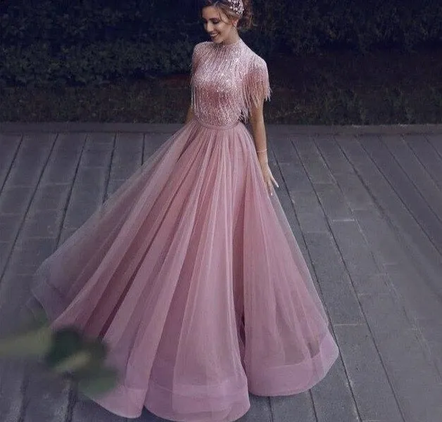Pink Tassel Beading A-Line Tulle Evening Dresses High Collar Short Sleeveless Formal Dress