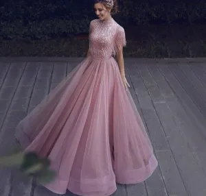Pink Tassel Beading A-Line Tulle Evening Dresses High Collar Short Sleeveless Formal Dress