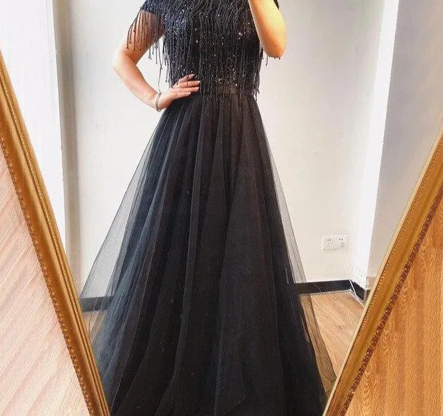 Pink Tassel Beading A-Line Tulle Evening Dresses High Collar Short Sleeveless Formal Dress