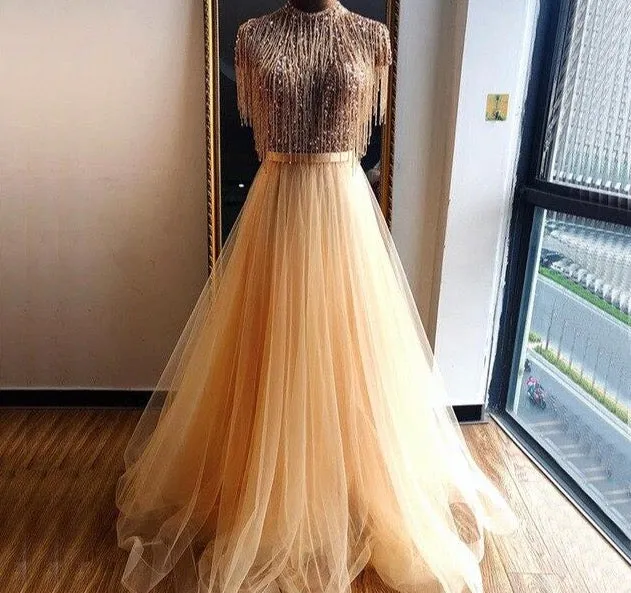 Pink Tassel Beading A-Line Tulle Evening Dresses High Collar Short Sleeveless Formal Dress