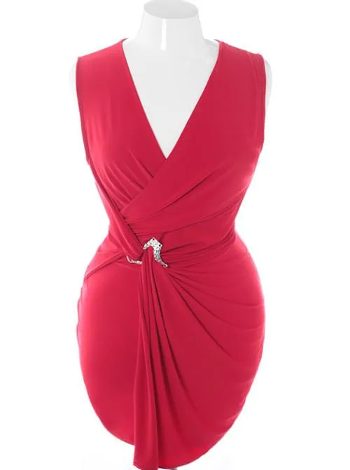 Plus Size Designer Sleeveless Pin Wrap Red Dress