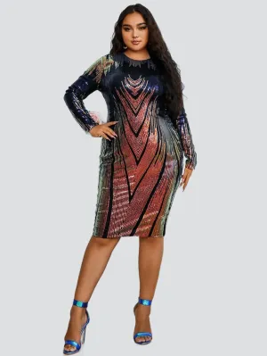 Plus Size Ombre Sequin Midi Bodycon Multicolor Prom Dress P0216