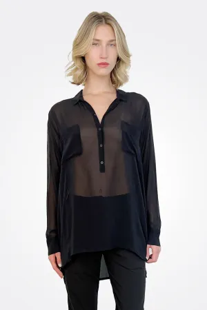 Pocket Oversized Silk Button Down - Black