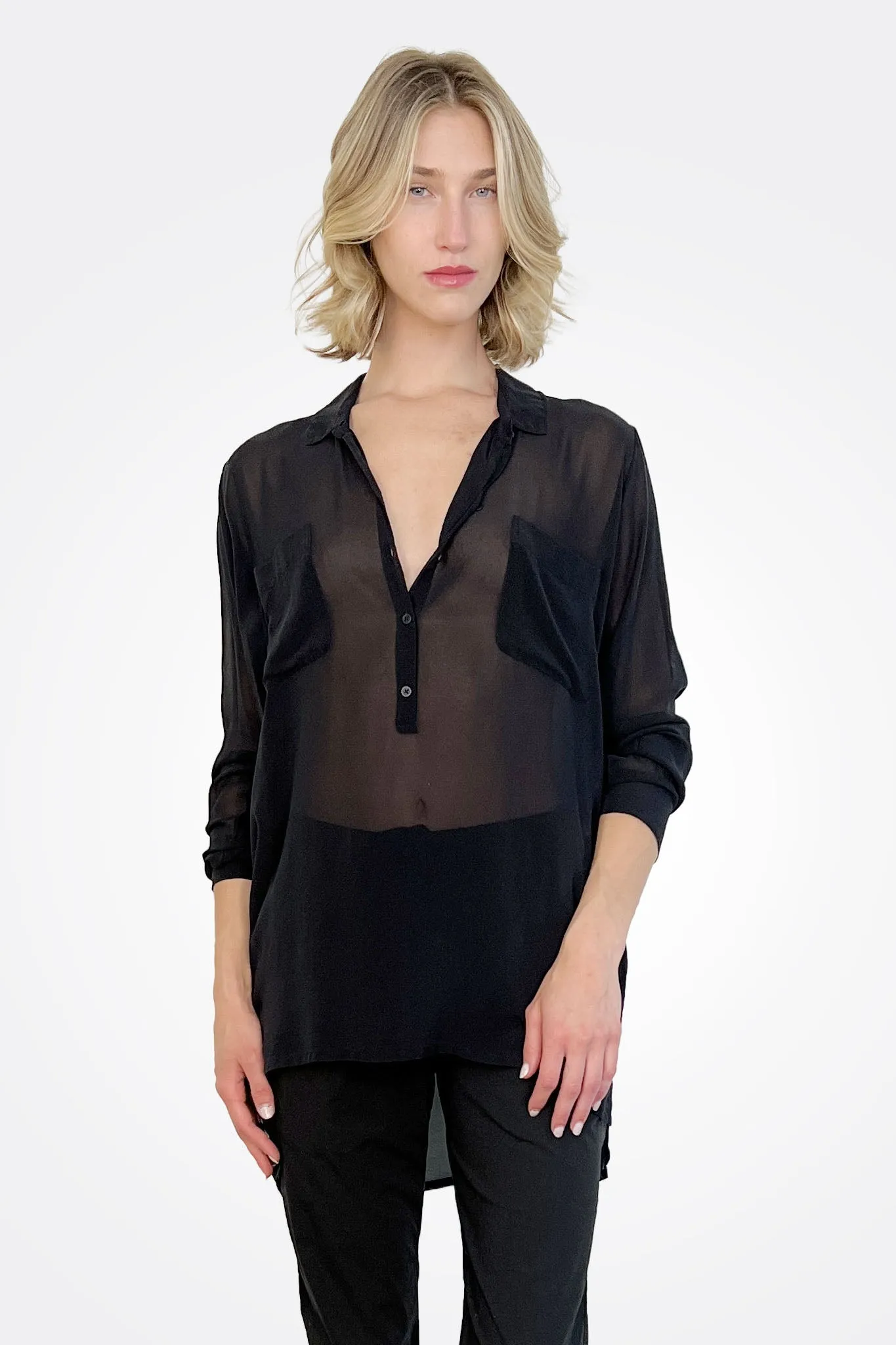 Pocket Oversized Silk Button Down - Black