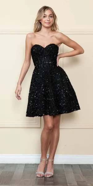 Poly USA 8974 Short Strapless Sequin Corset Bodice A-Line Dress