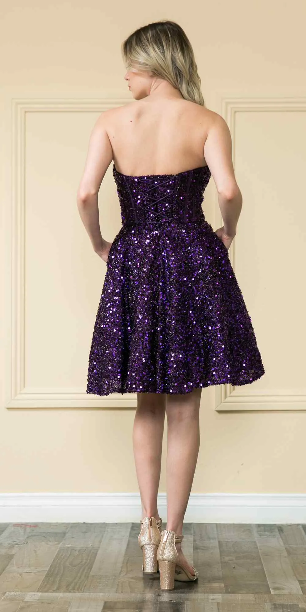 Poly USA 8974 Short Strapless Sequin Corset Bodice A-Line Dress